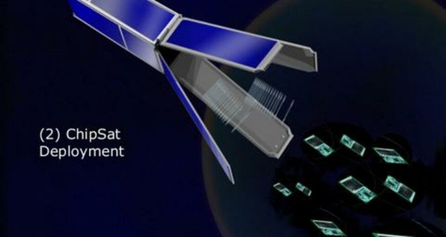 Illustration of a CubeSat deploying multiple ChipSats into space.