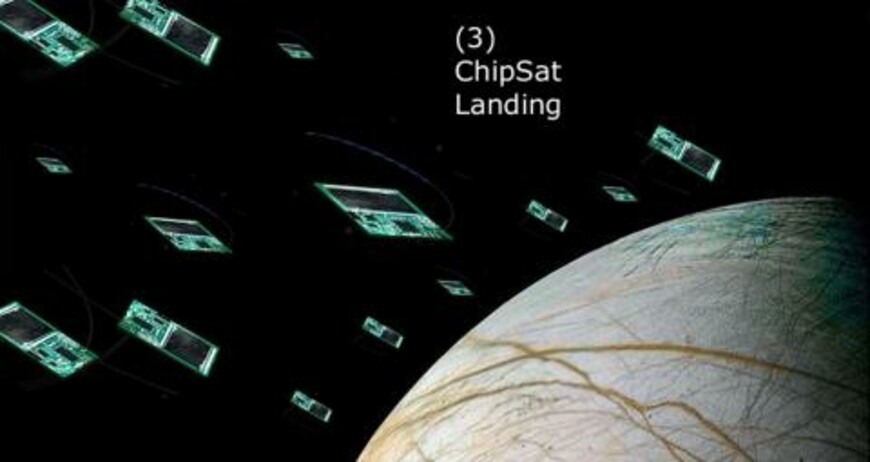 CubeSat ChipSats descending towards a planetary surface, illustrating the concept of ChipSat landing.