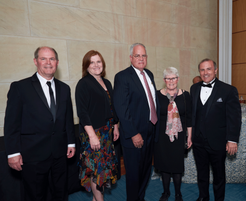 Draper representatives included (L-R): Neil Adams, vice president of National Security and Space; Tara S. Clark, acting president and CEO, and vice president of Operations and Commercial Programs; David R. Shedd, chairman of the board, Draper and his wife, Lisa; and Anthony Kourepenis, vice president, Engineering. Credit: National Academy of Engineering.