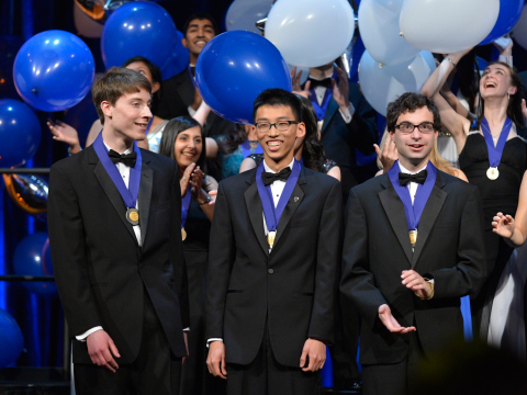 WASHINGTON, D.C., March 10, 2015 - Intel Science Talent Search first place winners (left to right) Noah Golowich (Mass.), Andrew Jin (Calif.) and Michael Winer (Md.) each took home $150,000. Photo credit: Chris Ayers/Intel