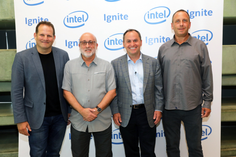 From Left: Tzahi (Zack) Weisfeld, general manager and managing director of Ignite; Avner Goren, Intel vice president in the Architecture, Graphics and Software Group; Bob Swan, Intel chief executive officer; and Yaniv Garty, general manager of Intel Israel; gather for a photo after the announcement of Intel’s Ignite program on Sunday, June 16, 2019, in Tel Aviv, Israel. Ignite will leverage Intel’s global market access and business and technology leadership to provide early stage startups unique advantages on their paths to disrupt the future. The Ignite program will begin operations in Israel this year, with plans to scale to additional countries over time (Credit: Ezra Levi)