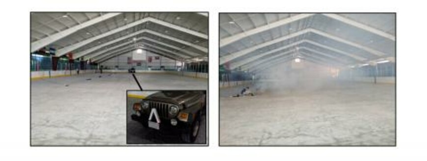 Engineers test Draper’s new LiDAR system with a vehicle target in a fog-filled room.