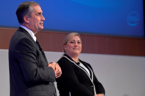 Photo of Intel CEO Brian Krzanich and President Renee James addressing the company’s Annual Stockholders’ Meeting Thursday, May 22, in Santa Clara, Calif. Available on Business Wire's Website and AP PhotoExpress