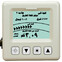 A beige square navigational device with a square screen that includes buttons for screen brightness, up and down arrows, and a button with a circle. Also includes a black nob on the side. The device's screen depicts navigation information.