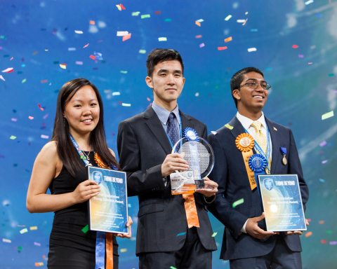 PHOENIX, May 13, 2016 – Top winner Austin Wang, 18, of Vancouver, Canada (center) with second-place winners Kathy Liu, 17 of Salt Lake City, Utah (left) and Syamantak Payra, 15, of Friendswood, Texas, celebrate their awards at the Intel International Science and Engineering Fair, the world's largest high school science research competition. Approximately 1,700 high schoolers from over 75 countries, region and territories competed for more than $4 million in awards this week. PHOTO CREDIT: Intel/Shawn Morgan