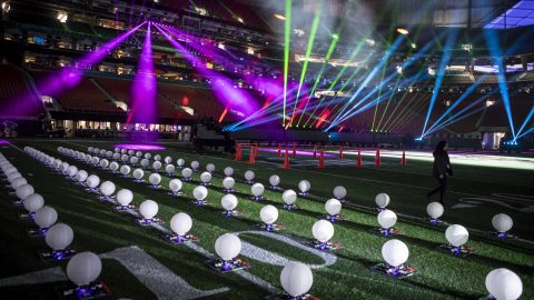 Intel Drone Team members prepare 150 enhanced Intel Shooting Star drones for flight during rehearsals for the Pepsi Super Bowl LIII Halftime Show. During Super Bowl LIII in Atlanta on Feb. 3, 2019, Intel Corporation partnered with the NFL to create the first-ever live drone light show during a Super Bowl Halftime Show. (Credit: Intel Corporation)