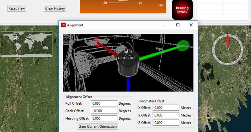 A satellite image of a region of the world with an alignment window laid on top. It displays text fields for various alignment details.