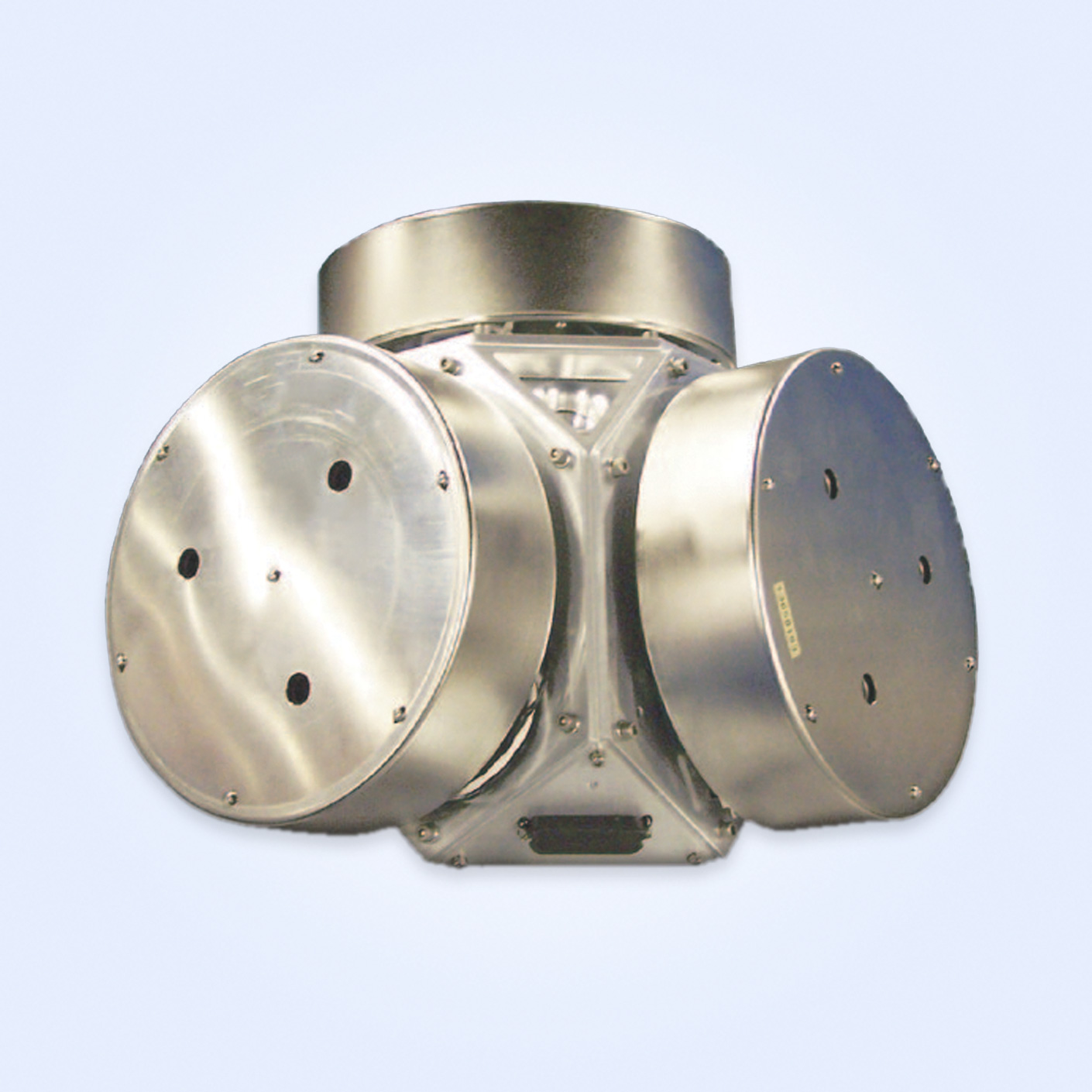 Stainless steel industrial component with two cylindrical sections and multiple bolt holes.