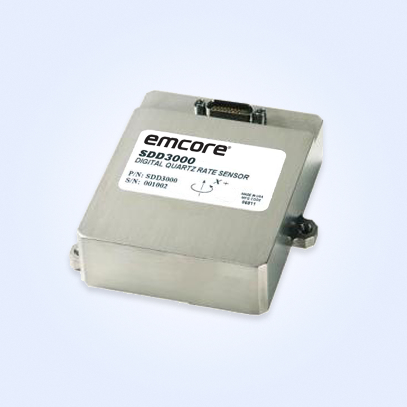 Emcore SDD3000 Digital Quartz Rate Sensor in a metallic casing with a label on top.