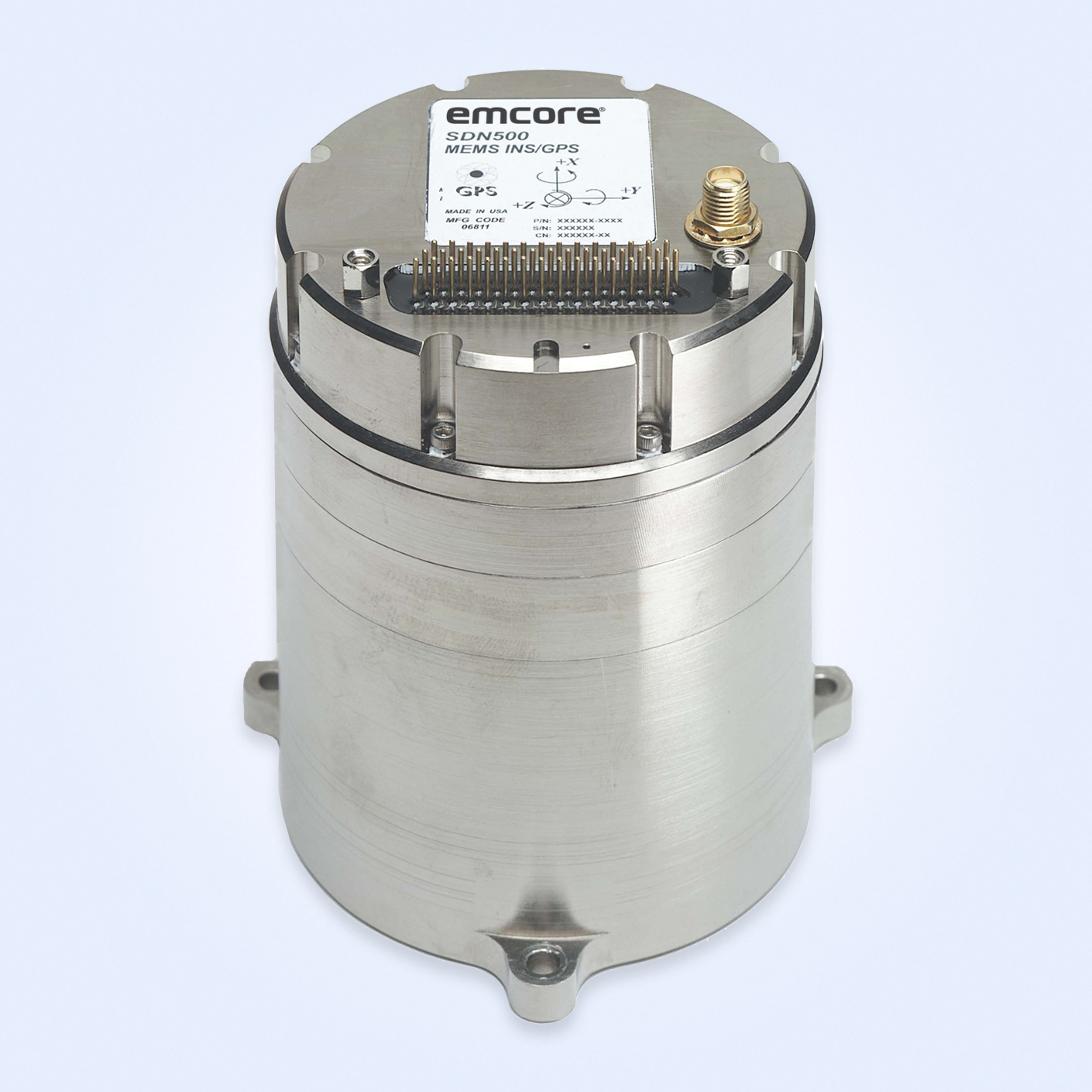 Emcore SDN500 MEMS INS/GPS device with a metallic cylindrical body and connector pins on top.