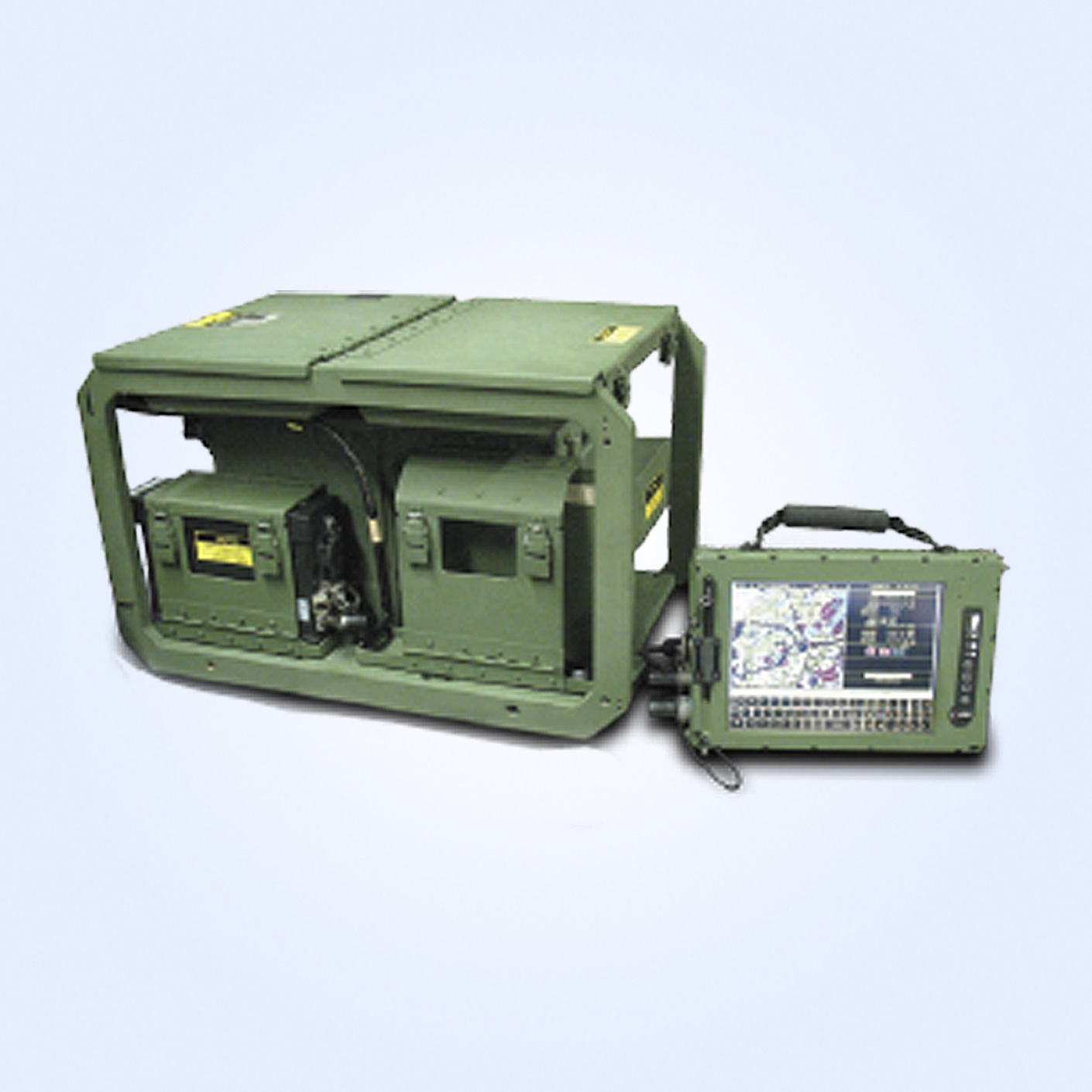 Military-grade communication equipment with a rugged green exterior and a connected control panel.