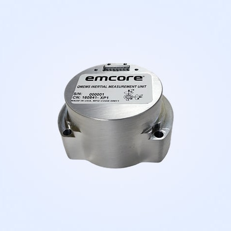Emcore SDI-400 inertial measurement unit with a silver cylindrical design and labeled top.