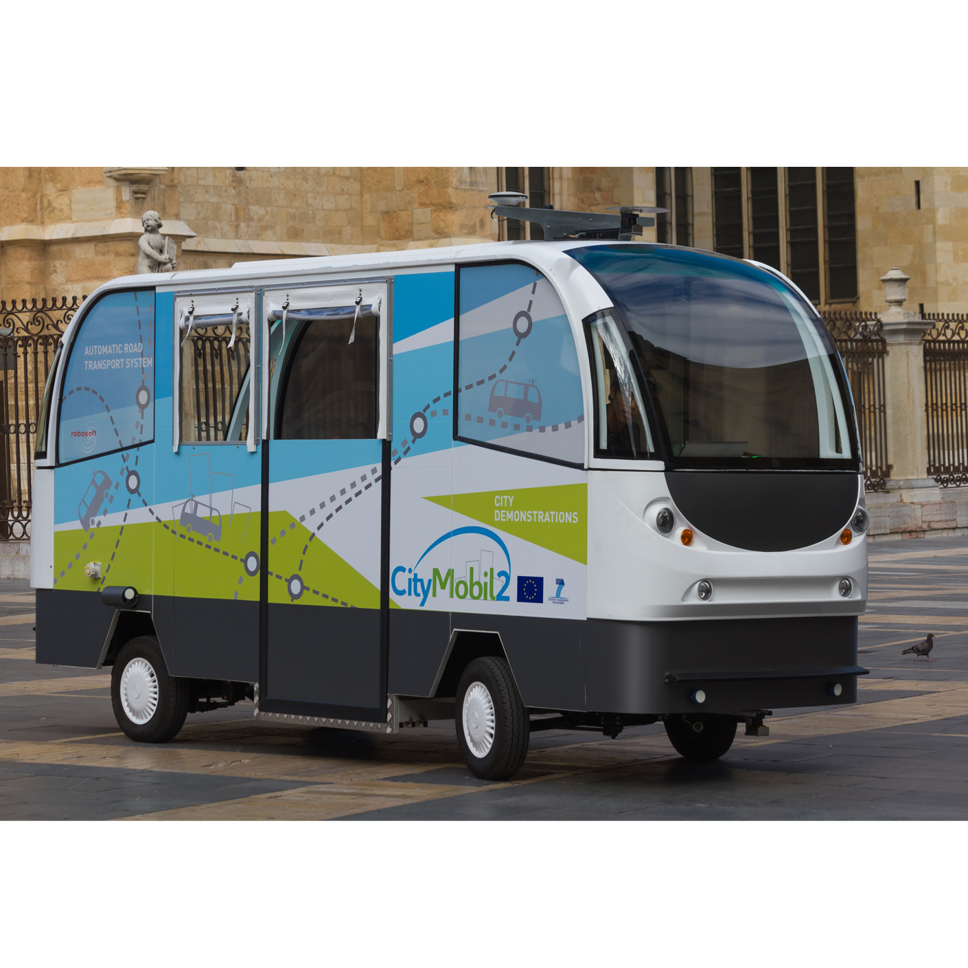 Autonomous CityMobil2 vehicle showcased in an urban setting for city demonstrations.
