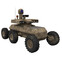 A six-wheeled military robot with a mounted camera and sensors on a white background.