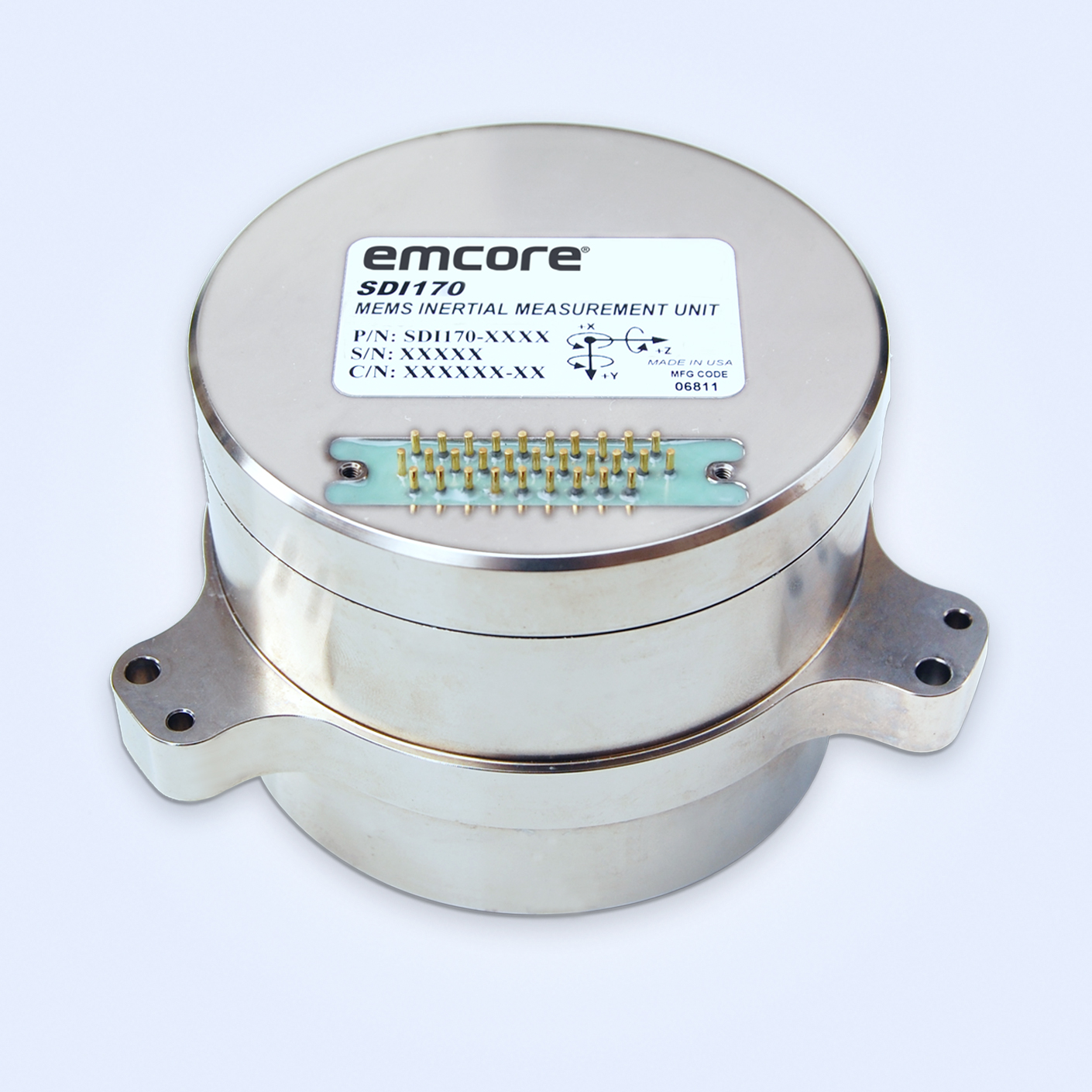 Emcore SDI170 MEMS Inertial Measurement Unit with connector pins and label on top.