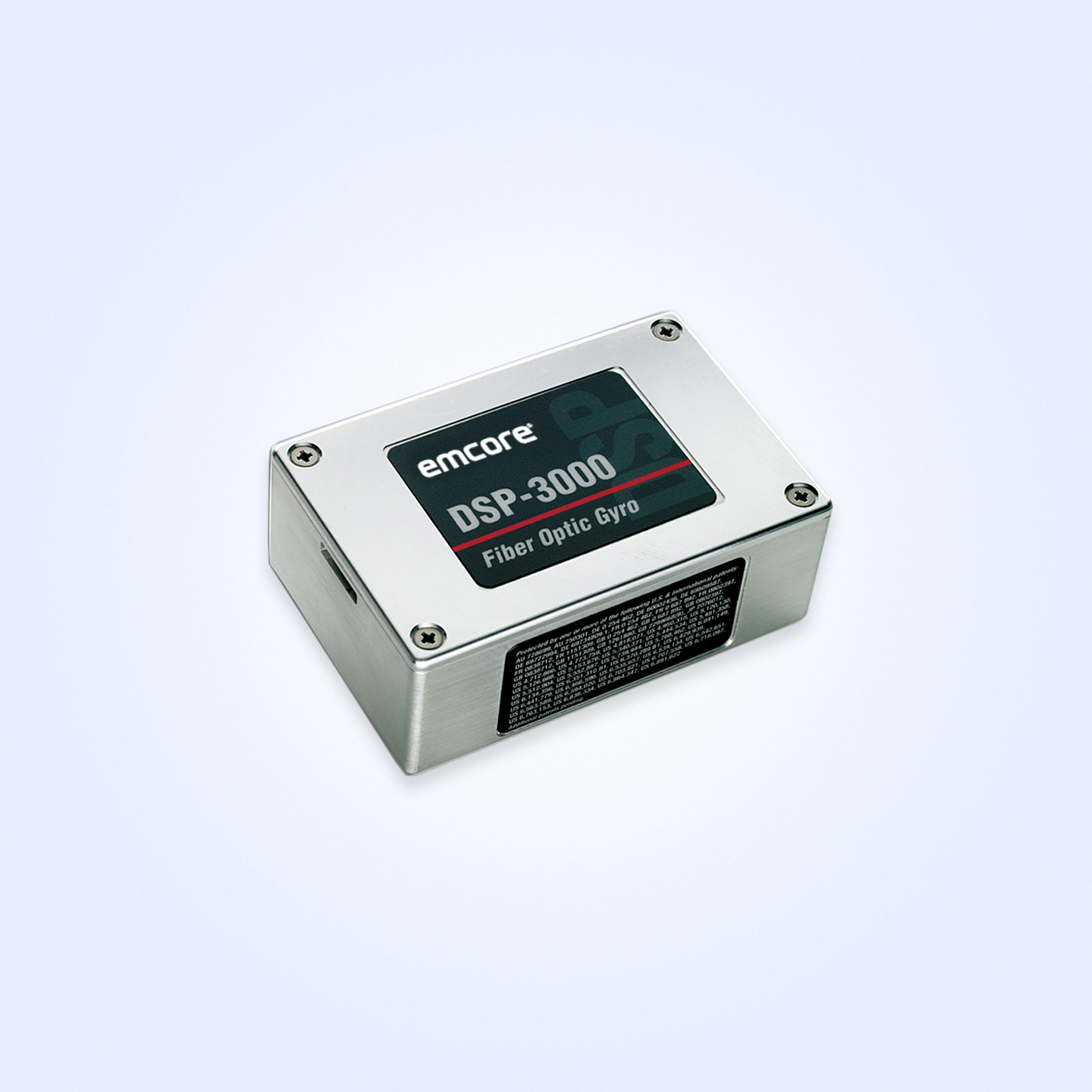 Emcore DSP-3000 Fiber Optic Gyro in a sleek metal casing, ideal for precision navigation systems.