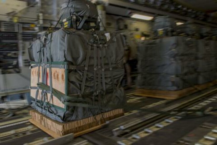 Airdrop supplies secured in a military aircraft