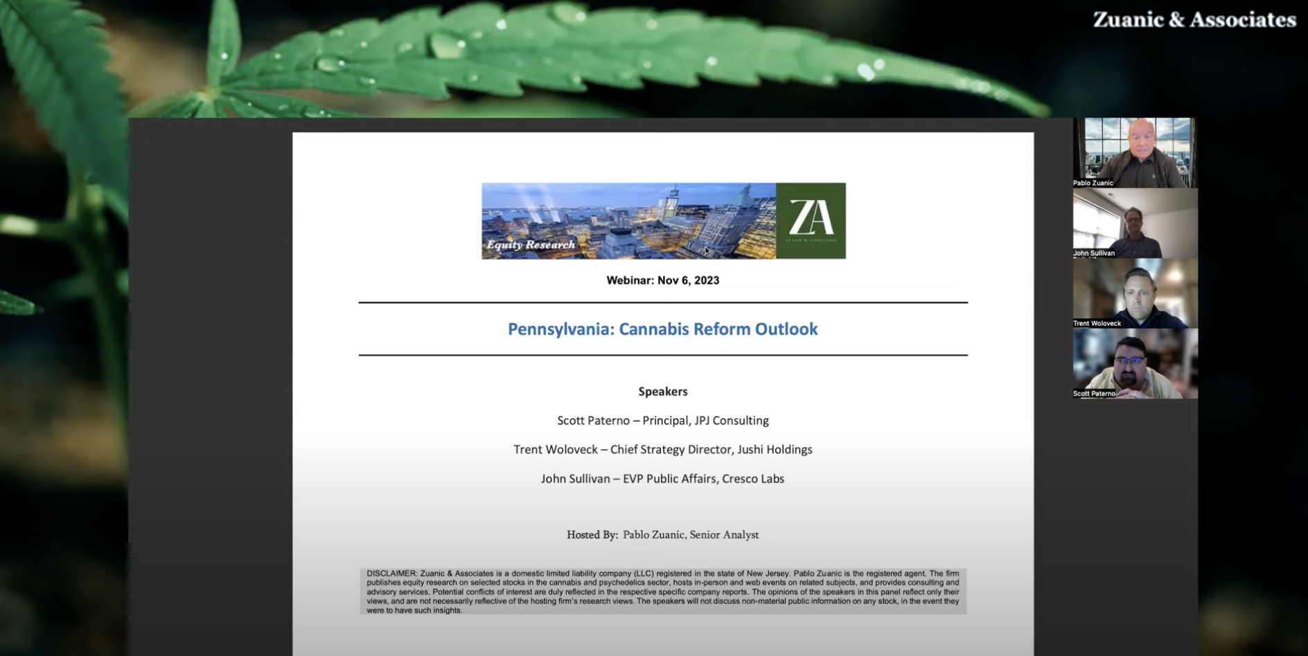 Trent Woloveck, Jushi’s Chief Strategy Director, Participated on a Panel Discussing the Pennsylvania Reform Outlook Hosted By Zuanic & Associates
