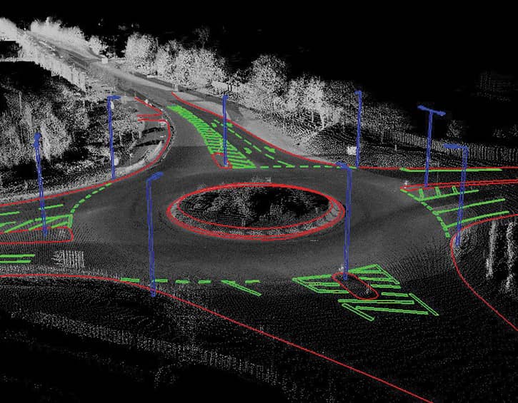 Lidar scan of a roundabout with highlighted road markings and streetlights.