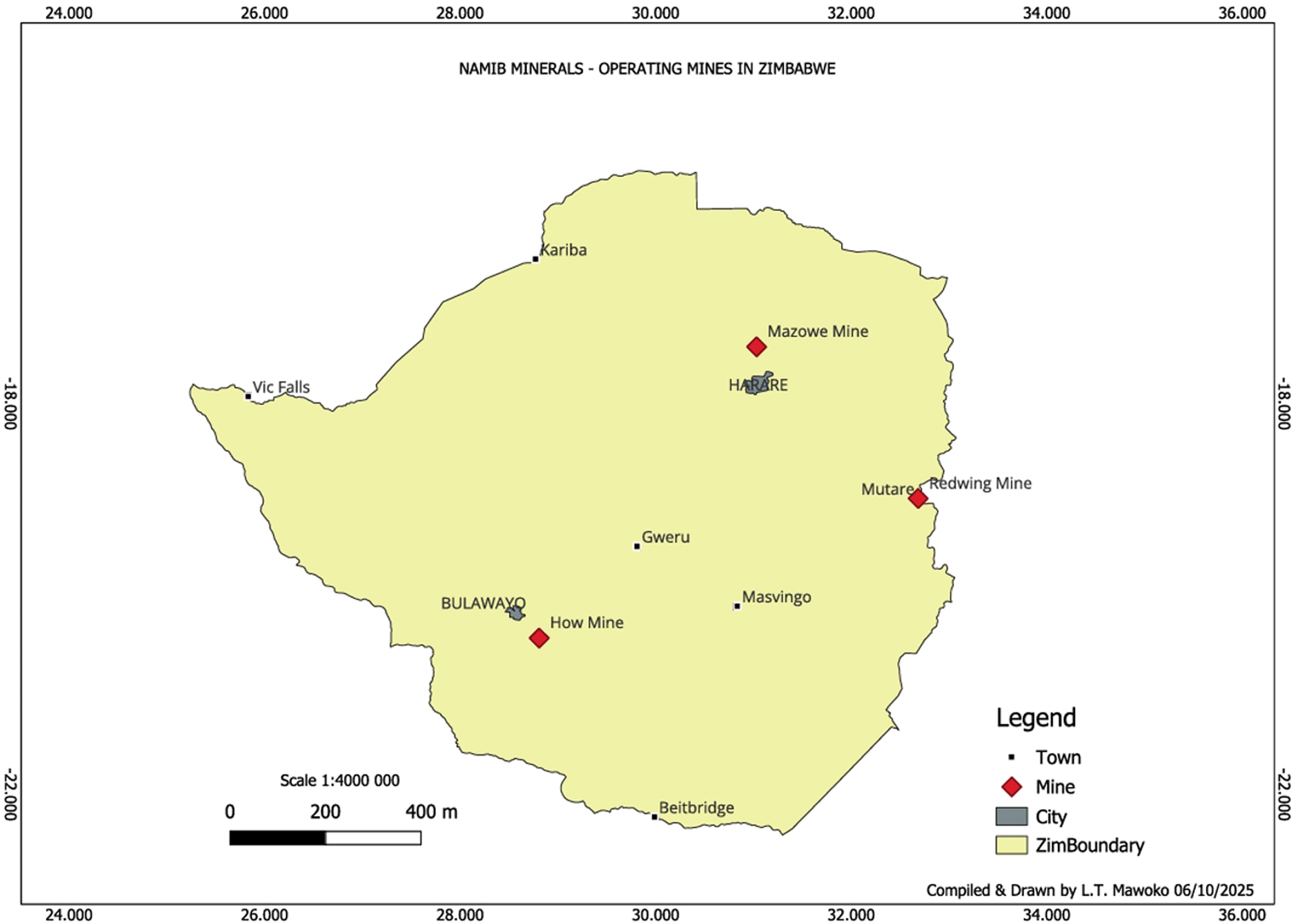 Namib Minerals mining operations across Zimbabwe. The map is to highlight the three operating mines: How Mine, Mazowe and Redwing Mines.