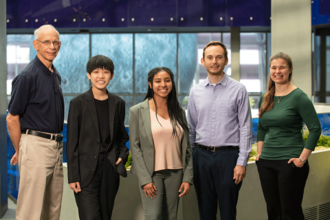John Turkovich, Evelyn Chin, Shalayah-Naomi Webb, Alexander Danielsen-Haces and Danielle DeLatte participate as mentors or students in Draper’s internship program this summer. Chin, a Brooke Owens Fellow, and Webb, a Patti Grace Smith Fellow, are working in the company’s space systems group. Not shown is Faridat Yusuf, a mentor and Draper employee. Credit: Draper.
