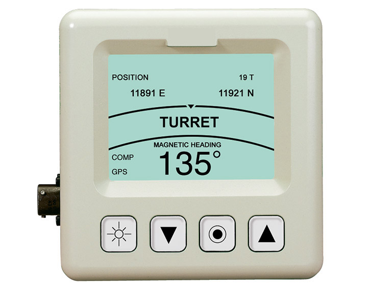 Digital compass display showing a magnetic heading of 135 degrees with position coordinates.