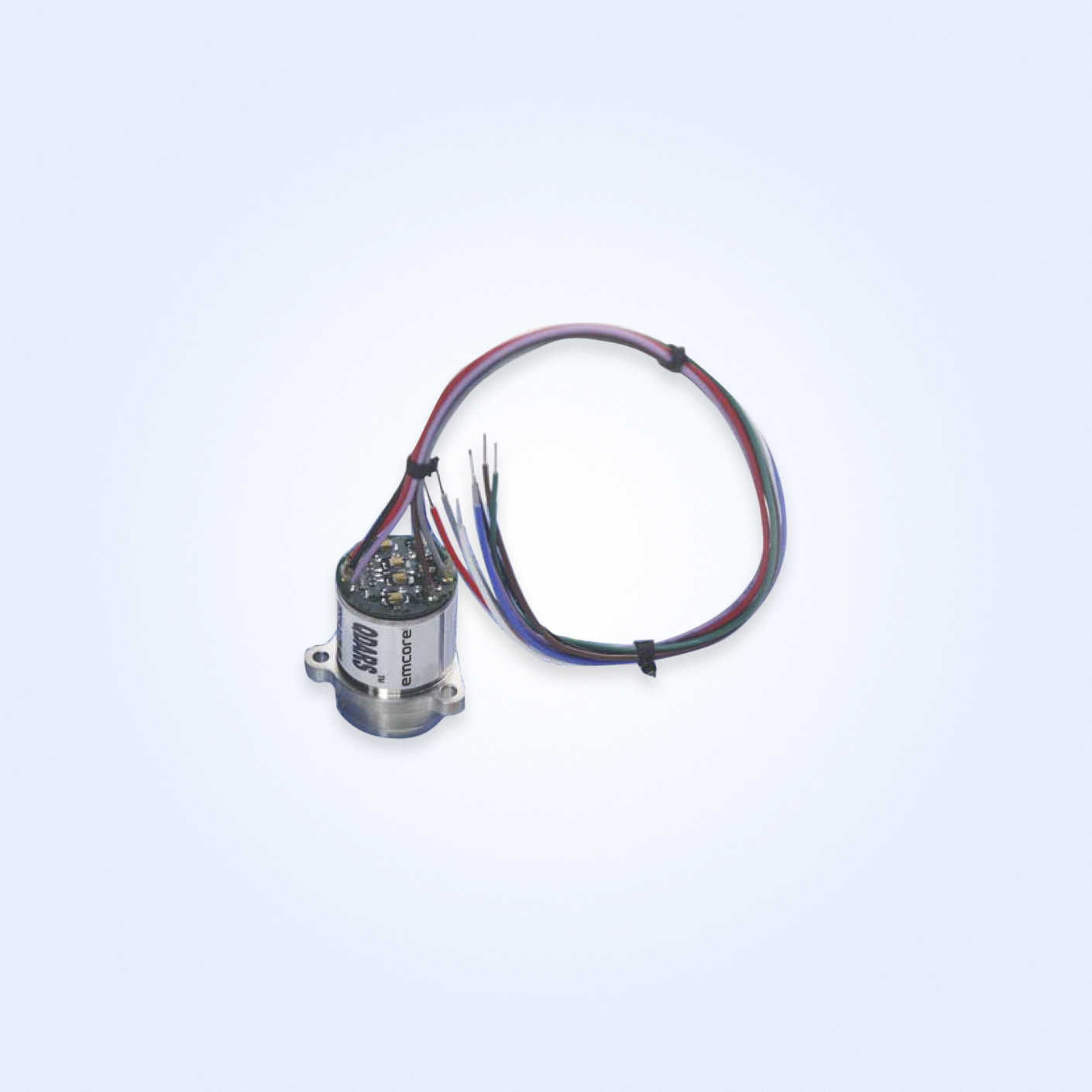 Small electric motor with attached multicolored wires, suitable for various electronic applications.