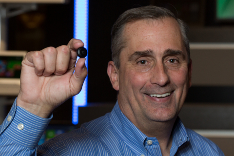Intel’s Brian Krzanich holds the Intel® Curie™ button-sized prototype. (Photo: Business Wire)