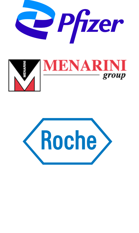 Logos of Pfizer, Arvinas, Menarini, and roche