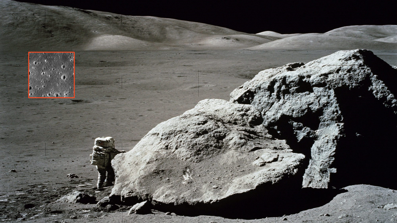 Astronaut on the surface of the moon walking around a large oulder with an inset image of the zoomed out location