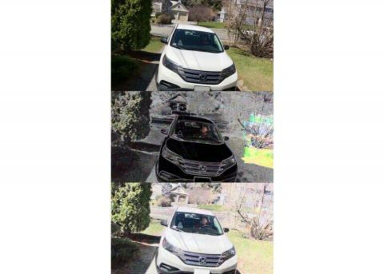 Three images of a white car demonstrating enhanced video detection techniques.