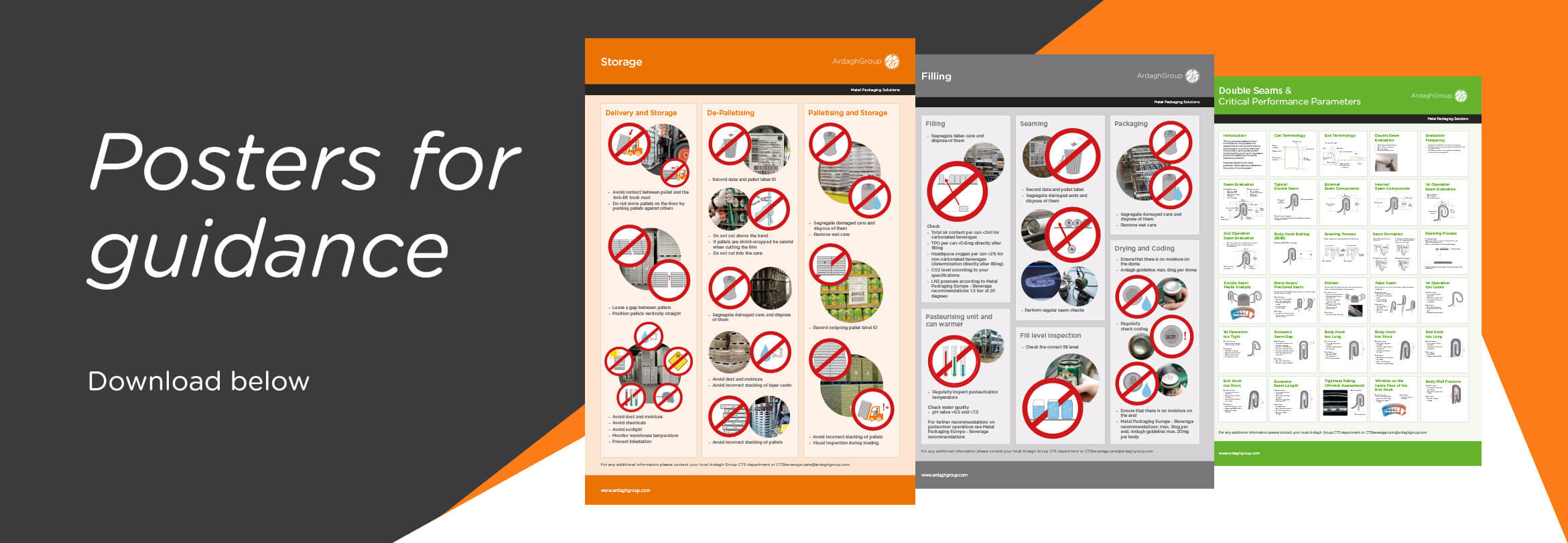 Three overlapping informational posters displayed against a dark gray and orange background. The left poster, titled "Storage", and the middle poster, titled "Filling", illustrate various incorrect industrial practices with "no" symbols over images of cans and machinery. The right poster, titled "Double Seams & Critical Performance Parameters", features multiple technical diagrams of can seams. Text on the left side of the image reads "Posters for guidance" and "Download below".