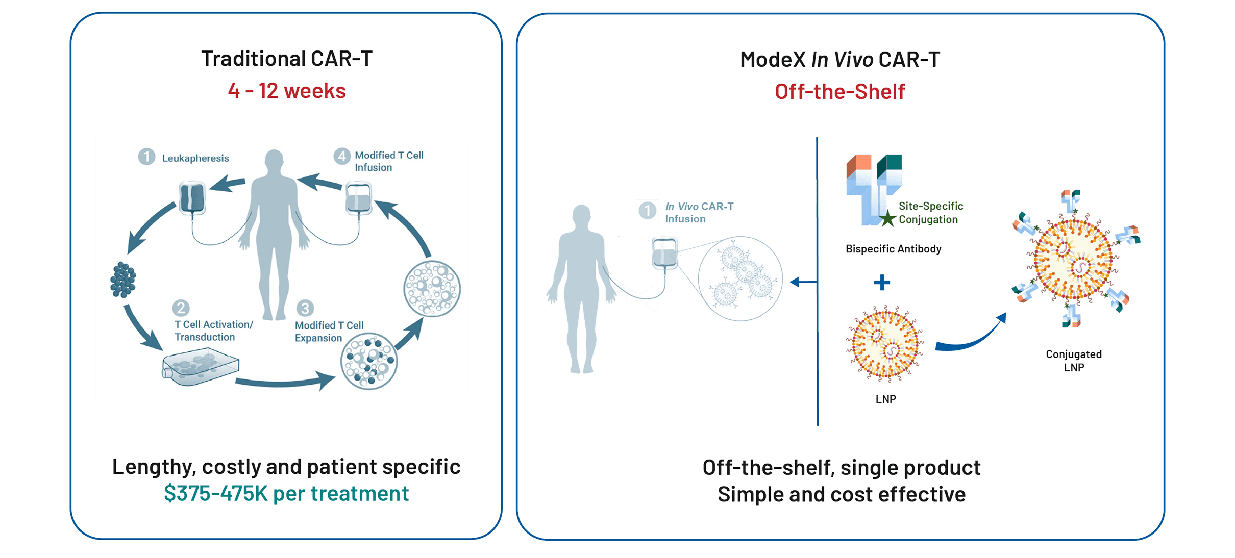 Traditional CAR-T can take up to 4-12 weeks for treatment and can cost up to $375-475k per treatment. ModeX In Vivo CAR-T is an off-the-shelf single product that is simple and cost effective.