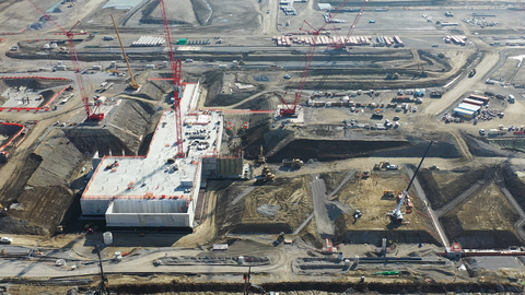 An aerial view from February 2024 shows construction progress at Intel's Ohio One campus of nearly 1,000 acres in Licking County, Ohio. Intel announced plans in January 2022, to invest more than $20 billion in the construction of two new leading-edge chip factories in Ohio. The company broke ground in September 2022. The investment will serve the needs of Intel Foundry customers as part of the company’s IDM 2.0 strategy. (Credit: Intel Corporation)
