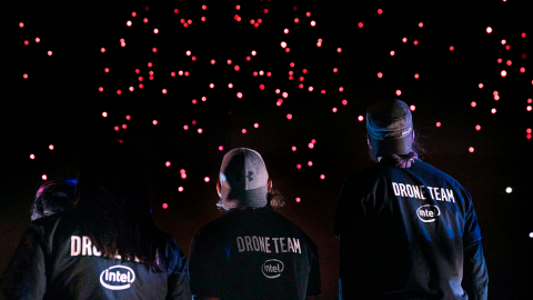 To celebrate its 50th anniversary, Intel Corporation flies 2,018 Intel Shooting Star drones over its Folsom, California, facility, in July 2018. The drone light show set a Guinness World Records title for the most unmanned aerial vehicles airborne simultaneously. (Credit: Intel Corporation)