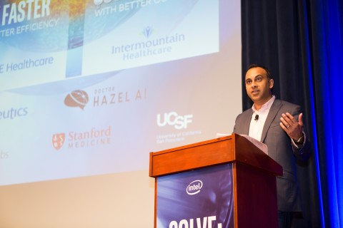 Navin Shenoy, executive vice president and general manager of the Data Center Group at Intel Corporation, speaks Wednesday, March 21, 2018, at the University of California, San Francisco. Intel invited leading healthcare organizations to address the most pressing topics and challenges in healthcare. (Credit: Intel Corporation)