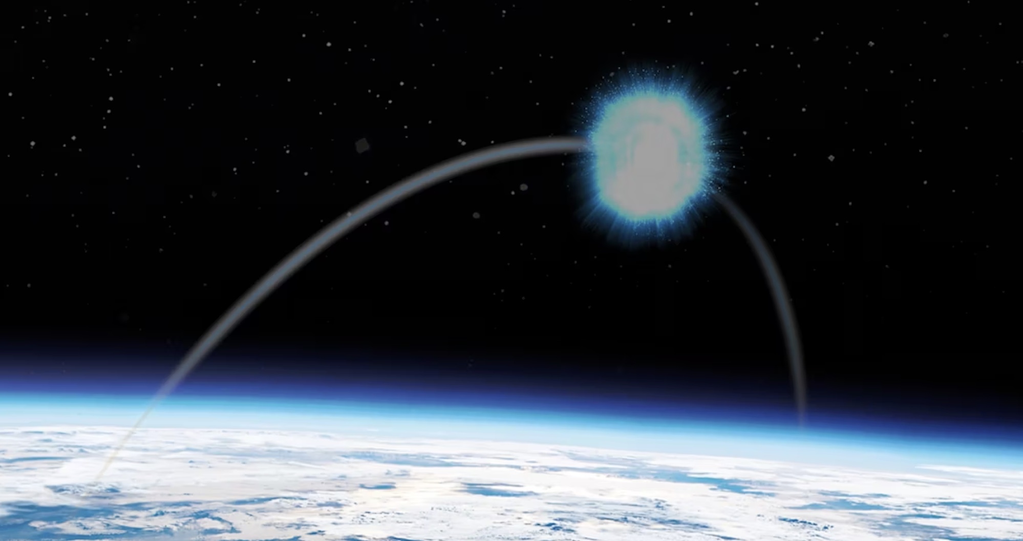 Illustration of hypersonic flight above the Earth with an arc and an explosion-like image