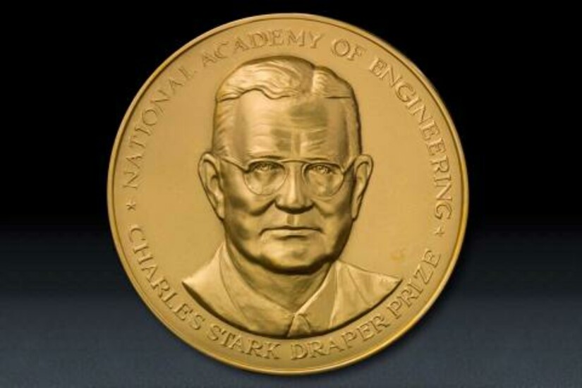 Gold medal of the Charles Stark Draper Prize for Engineering, featuring a portrait of "Doc" Draper.