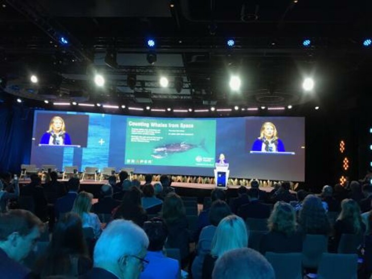 Vikki Spruill speaking at the Our Ocean Conference, addressing the audience from the stage.