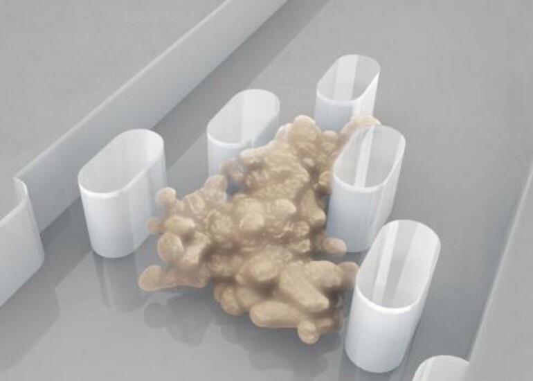 Illustration of Draper’s EVIDENT microfluidic platform trapping a tumor sample for extended experiments.