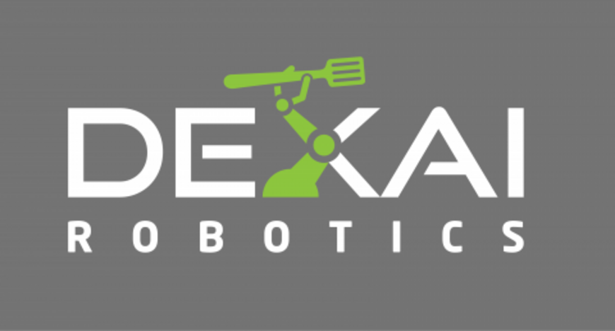 Dexai Robotics logo with a robotic arm holding a spatula, symbolizing kitchen automation.