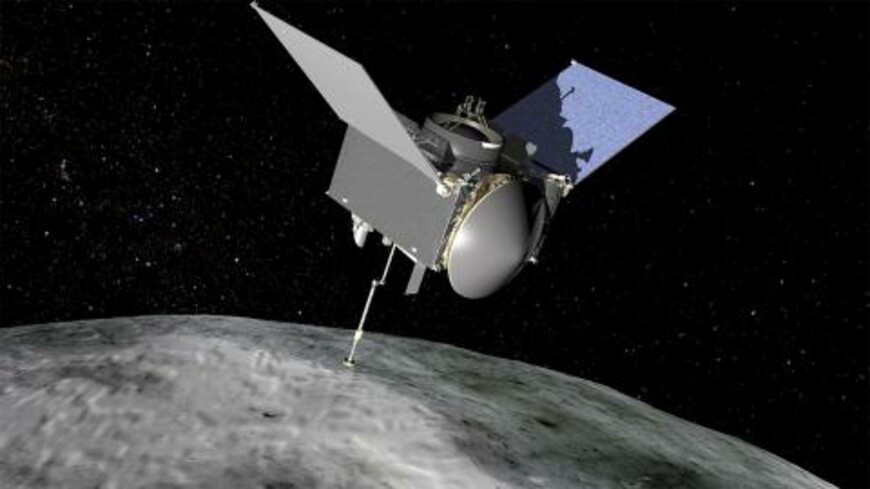 Artist's concept of the OSIRIS-REx spacecraft approaching an asteroid in space.