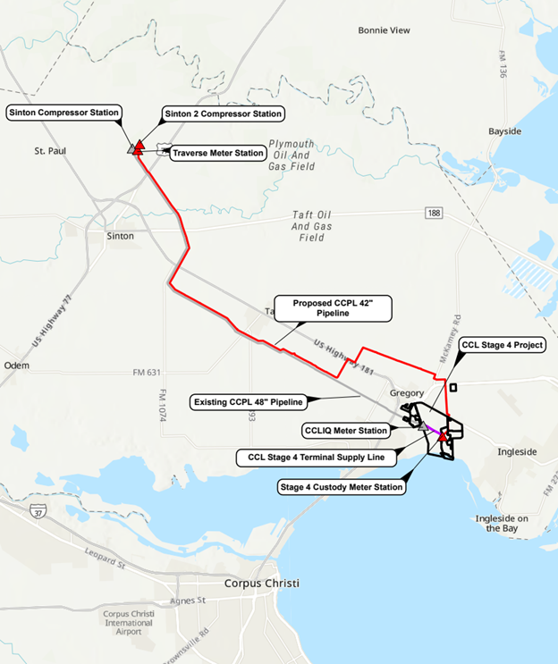 Cheniere’s Corpus Christi LNG map showing pipeline routes, meter stations, and connections to the LNG facility and surrounding towns.