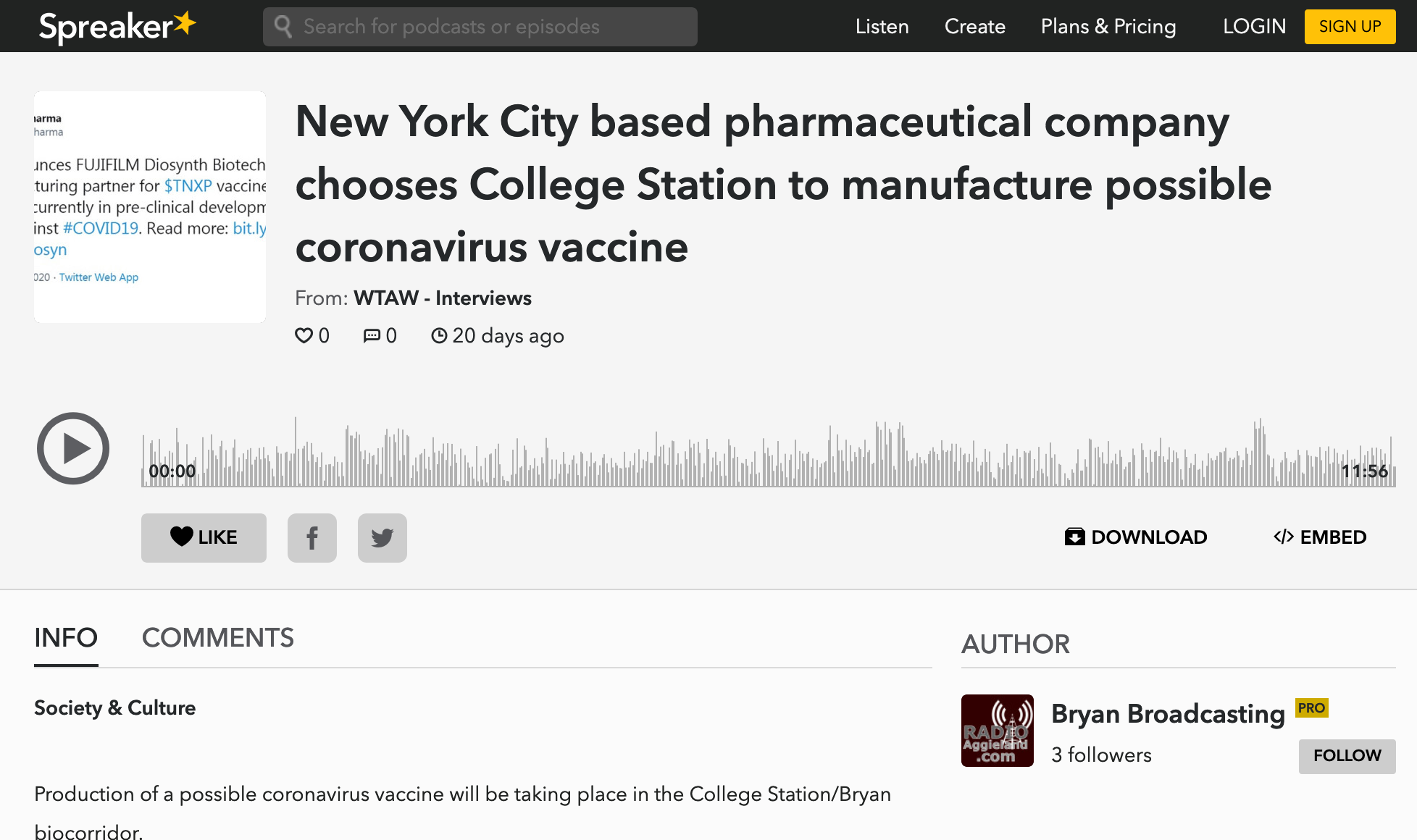 New York City based pharmaceutical company chooses College Station to manufacture possible coronavirus vaccine