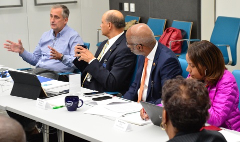 Intel CEO Brian Krzanich speaks at a roundtable discussion with leaders from six partner Historically Black Colleges and Universities (HBCUs) at Intel’s headquarters in Santa Clara, Calif., on Monday, Feb. 12, 2018. Clockwise from left: Krzanich; Harold Martin, chancellor, North Carolina A&T State University; Larry Robinson, president, Florida A&M University; Barbara Whye, chief diversity officer and vice president of Human Resources, Intel; and Charlotte Morris, president, Tuskegee University. (Credit: Walden Kirsch/Intel Corporation)