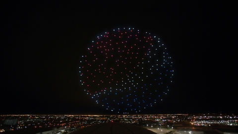 An Intel Shooting Star drones fleet lights up the sky in the Pepsi logo following the Pepsi Zero Sugar Super Bowl LI Halftime Show on Sunday, Feb. 5, 2017. (Credit: Intel Corporation)