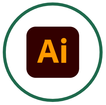 Adobe Illustrator icon featuring a dark orange square with rounded corners, containing the orange letters "Ai", all centered within a dark green circular border on a white background.