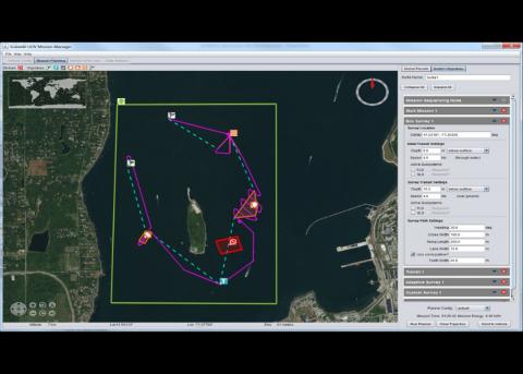 A swarm of undersea drones work together in a demonstration at sea to identify and close in on a simulated surface target. Pictured here is a screenshot showing Draper’s software application for UUV missions called the SUMM (Scalable UUV Mission Manager).