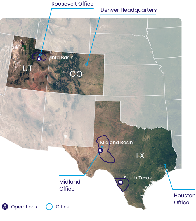 Topographical map of Texas and Colorado showing the Company's headquarters in Denver and an office in Houston, with operations in Midland and South Texas.