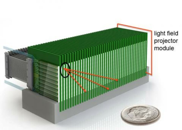 Rendering of Draper's light field projector module, shown with a coin.